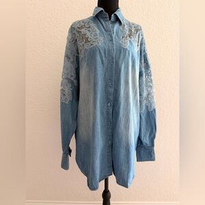 Women’s Oversized Denim Button Up Shirt 100% Cotton | Lace Detail